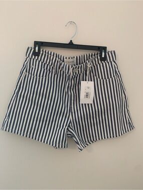 Frame Denim Navy and White Vertical Stripe High-Rise Shorts